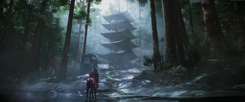 video games, video game art, tower, horse, samurai, Ghost of Tsushima, ultrawide, ultra-wide