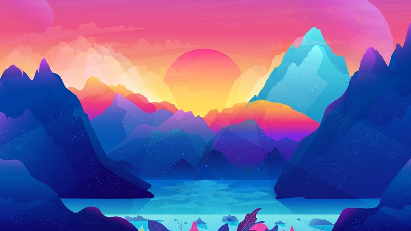 digital art, mountains, sunset, cyan, pink
