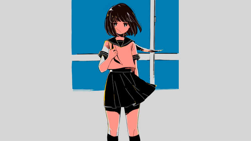 anime, anime girls, manga, window, gray background, simple background, sailor uniform, gray