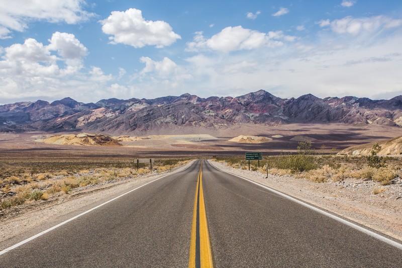road, mountains, clouds, desert