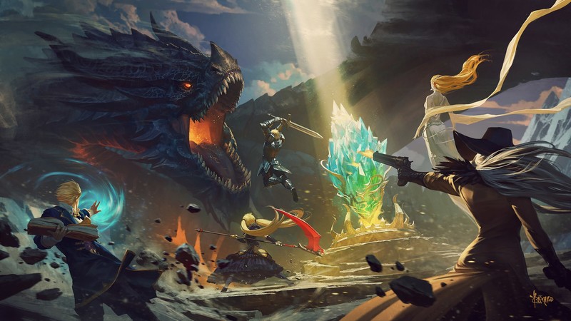 video games, dragon, digital art, artwork, scythe, crystal, sunbeams