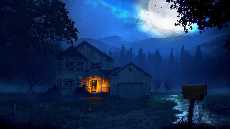 digital art, illustration, ghost, night, house, forest