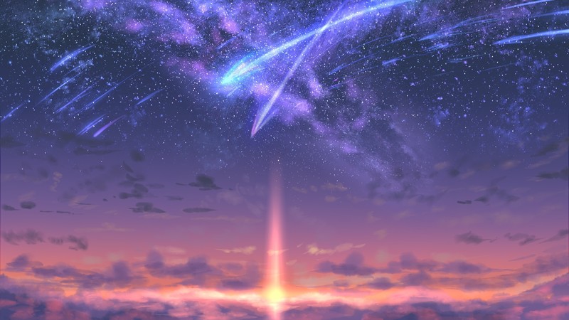 meteors, space, sunset, clouds, stars, galaxy, artwork, sky, Kimi no Na Wa