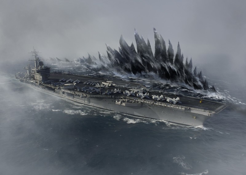 Godzilla, ship, sea, artwork, aircraft, photo manipulation, mist