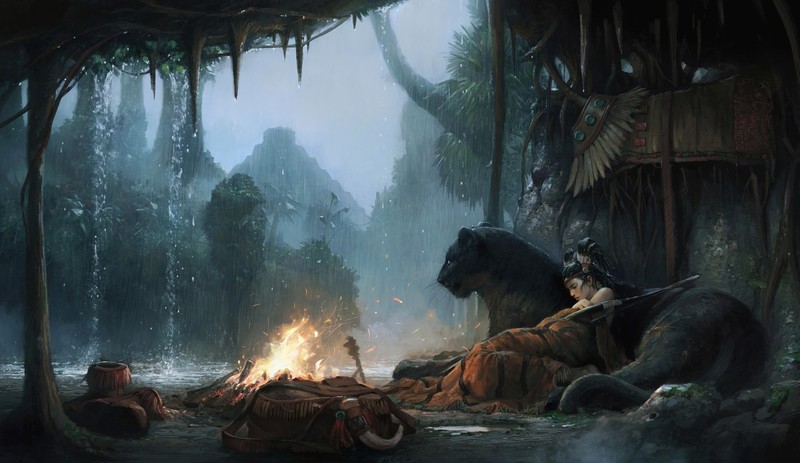 fantasy art, fantasy girl, wild cat, bow, rain, artwork, sleeping, bonfires, cave