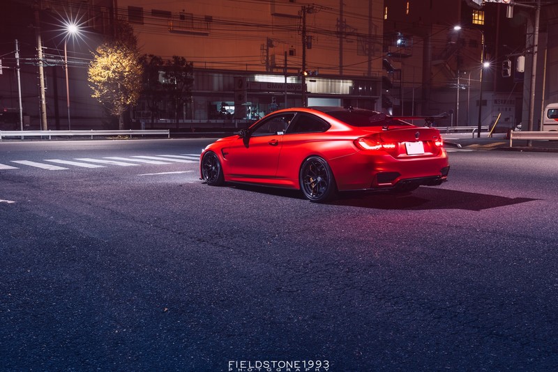 car, vehicle, red cars, BMW M4, BMW, street, outdoors, night