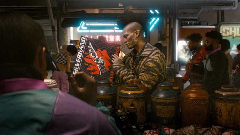 Cyberpunk 2077, video games, RPG, futuristic, neon, Market, scars, vinyl