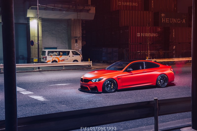 car, vehicle, red cars, BMW M4, BMW, street, outdoors, night