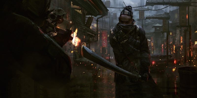 artwork, futuristic, futuristic city, concept art, samurai, shooting, Japan, neon, e-mendoza, sword, katana, cyber city, cyberpunk, Eddie Mendoza