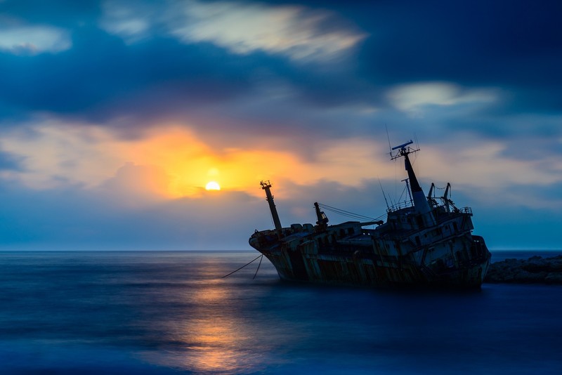 dark, sky, sea, ship, shipwreck, sunset, landscape