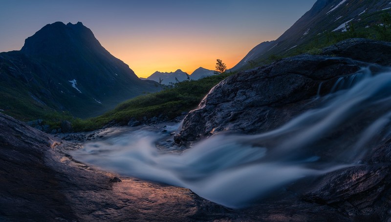long exposure, landscape, dark, nature, mountains, creeks, orange sky