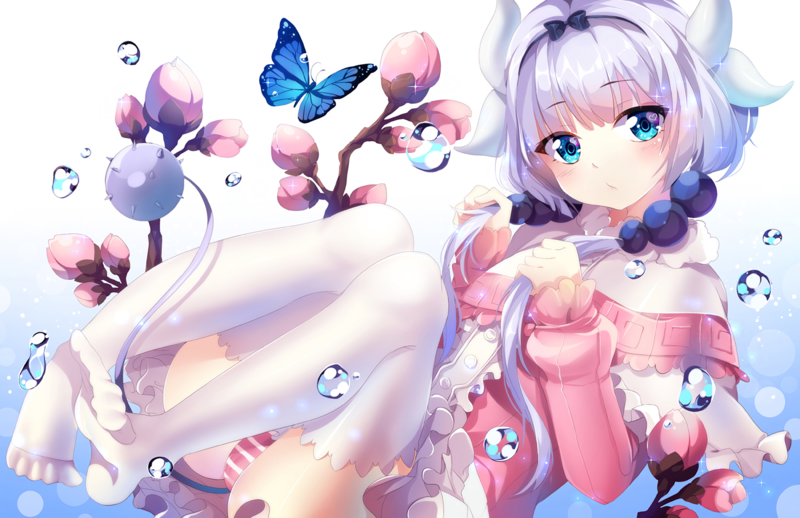 anime, anime girls, white skin, fan art, Kanna Kamui (Kobayashi-san Chi no Maid Dragon), Kobayashi-san Chi no Maid Dragon, butterflies, simple background, blue eyes, white hair, loli