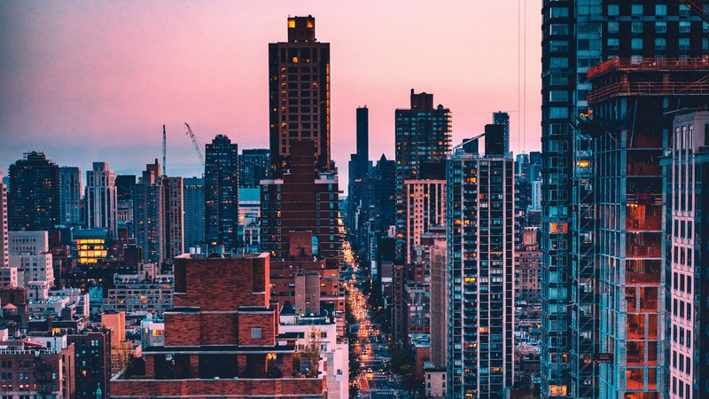 architecture, building, city, cityscape, USA, New York City, evening, sunset, skyscraper, street, lights, car