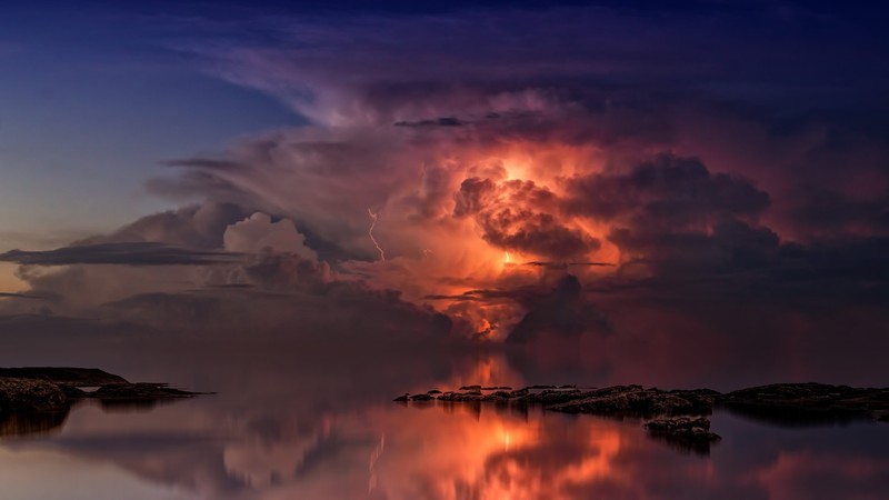 sky, clouds, lightning, storm, reflection