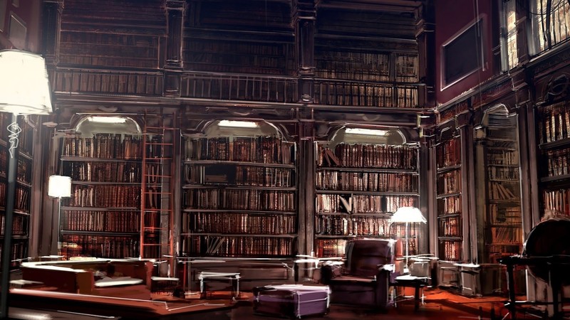 library, vintage, books, lamp, couch, ladder