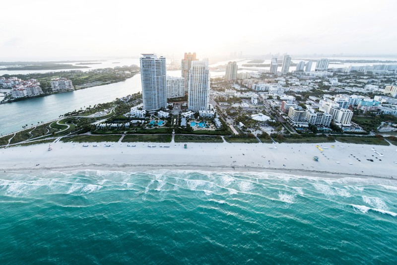architecture, building, city, cityscape, sea, Miami, skyscraper, USA, beach, waves, aerial view, palm trees