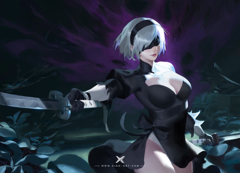 Nier: Automata, 2B (Nier: Automata), Yorha unit no.2 type b, blindfold, sword, katana, video games, artwork, NieR