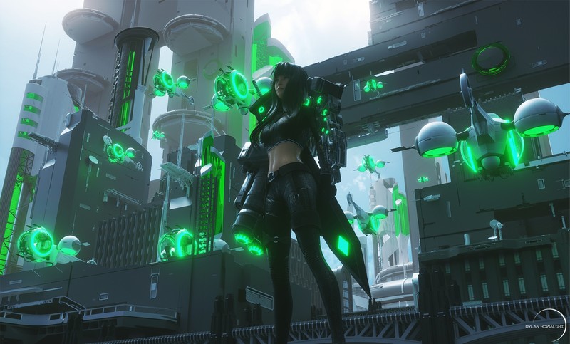 3D, city, cyber city, green, futuristic, digital art, women, standing, dylan kowaski