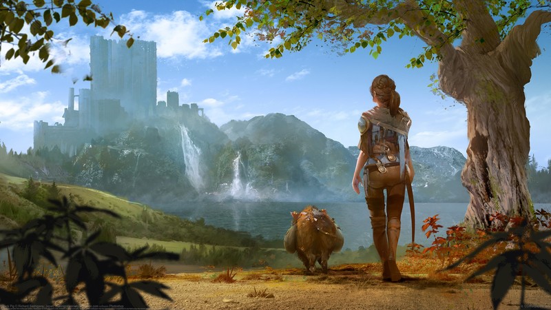 Girls Avenue, back, walking, artwork, far view, lake, trees, castle, anime girls, looking into the distance