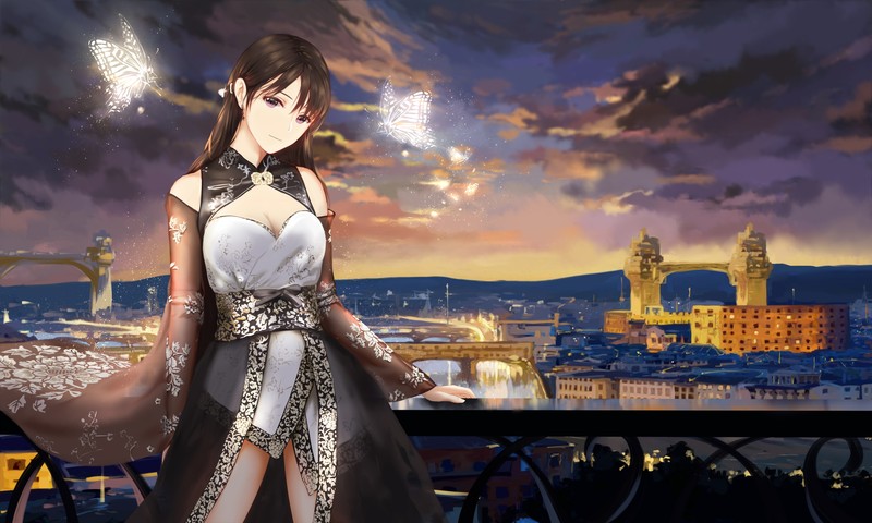 Girls Avenue, anime girls, looking at viewer, cityscape, butterflies, Chinese clothing