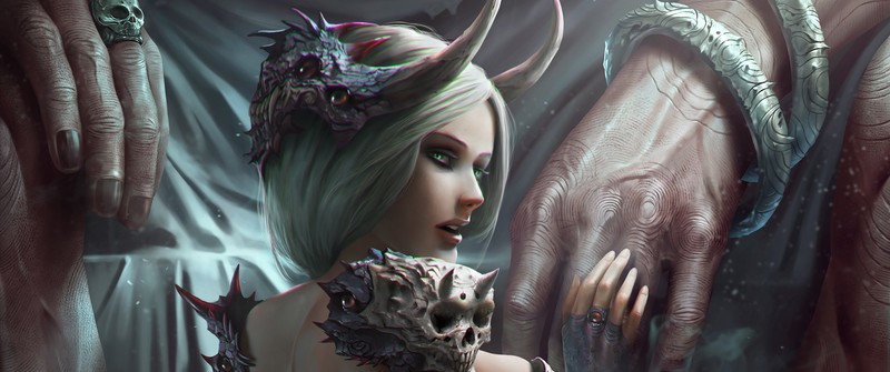 horns, green eyes, skull, fantasy art, fantasy girl