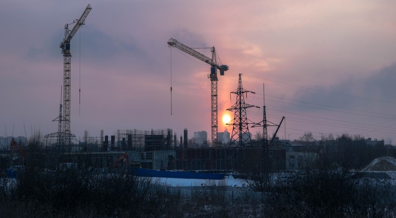city, snow, cranes (machine)