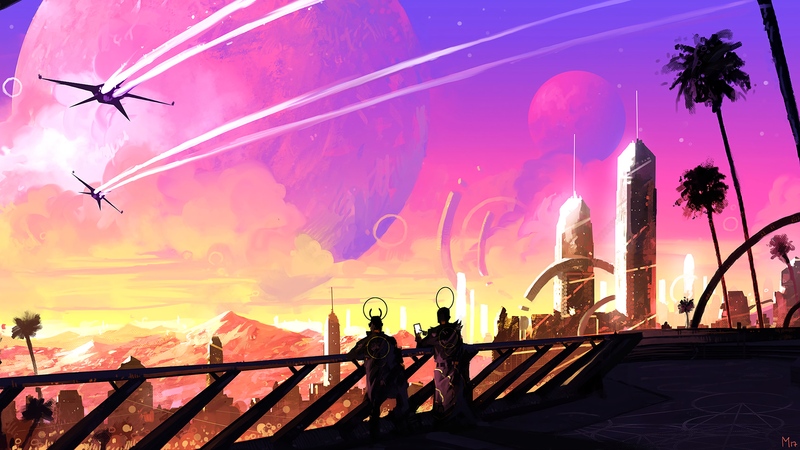 digital art, aircraft, science fiction, planet