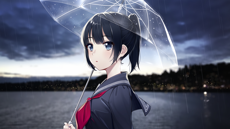 umbrella, rain, black hair, anime girls, anime