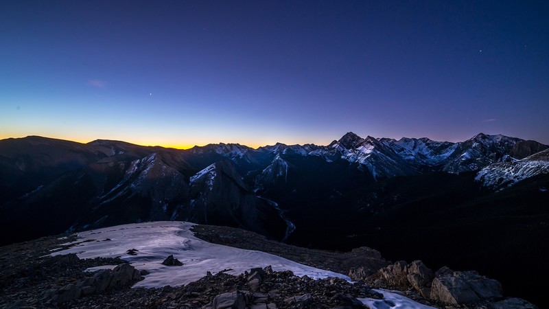 photography, sunset, mountain top, snow, nature, clear sky, mountains, blue