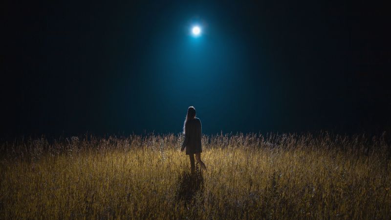 girl, field, night, moon, moonlight, 4k