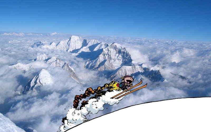 Calvin and Hobbes, cartoon, mountains, clouds, blue, sky