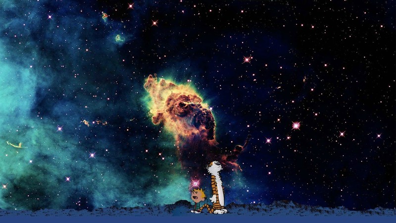 Calvin and Hobbes, cartoon, stars, space, sky