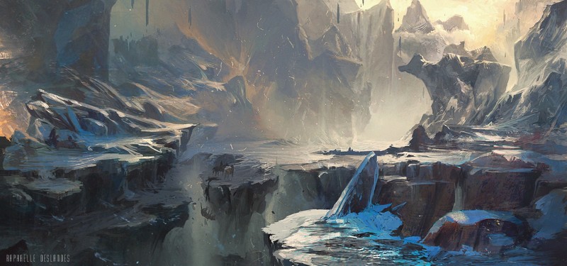 digital art, painting, Raphaëlle Deslandes, landscape, snow, rocks, ravine