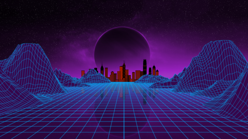synthwave, retrowave, Retrowave, grid, mountains, city