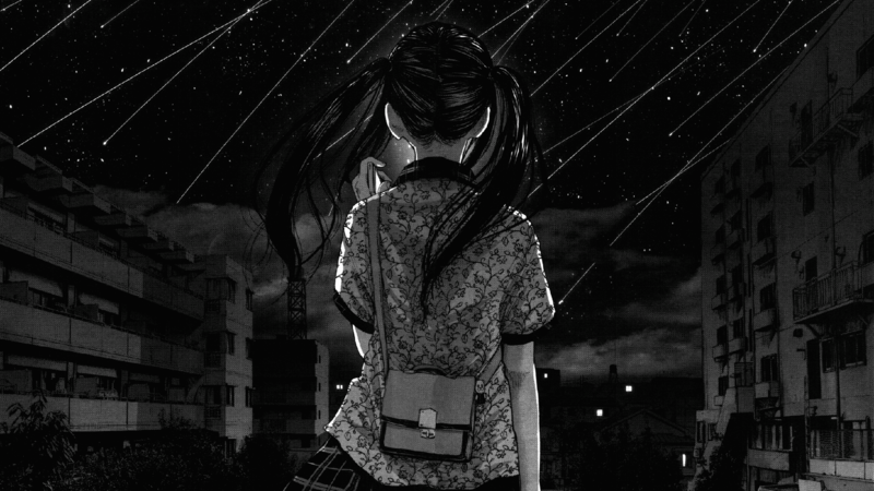 rain, monochrome, back, city, night, stars, manga, twintails, telephone