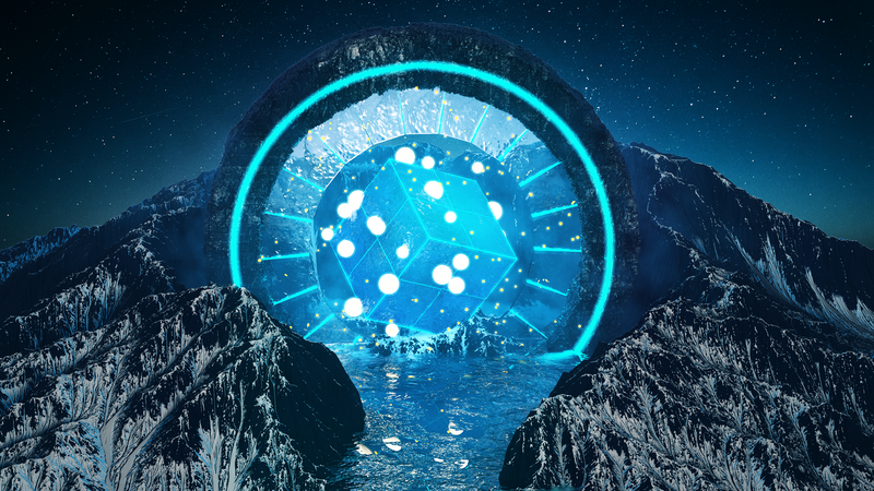 Cinema 4D, render, abstract, 3D Abstract, landscape, blue, mountains, stars, cube, cyan