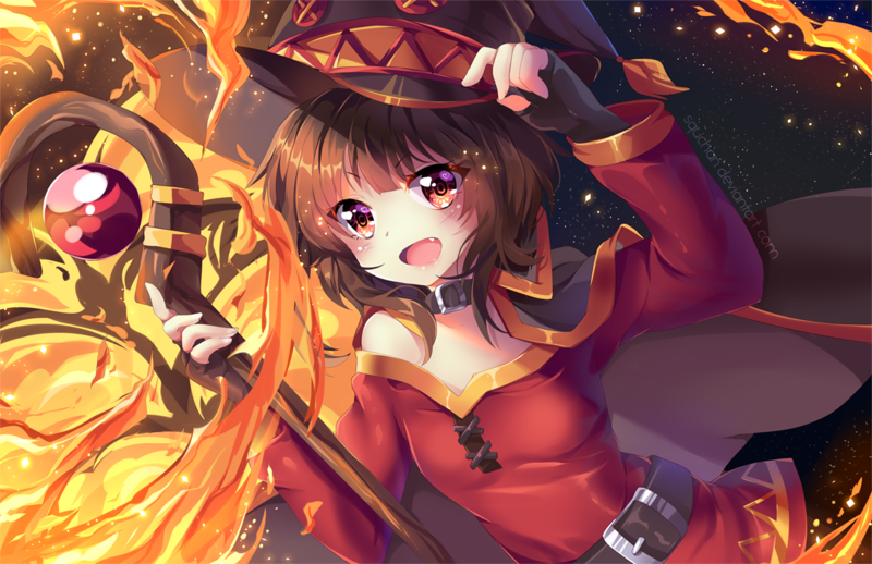 anime, anime girls, white skin, Megumin, Kono Subarashii Sekai ni Shukufuku wo!, red dress, fan art, red eyes, brunette, dark hair