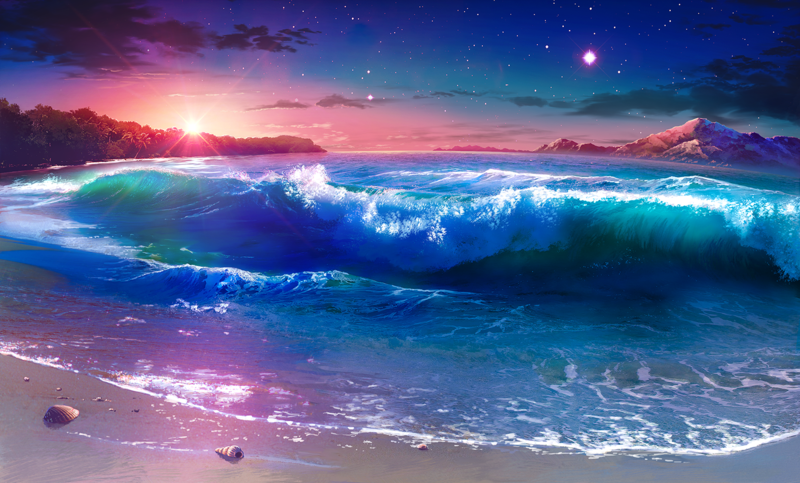 artwork, sunset, clouds, waves, sky, beach, cyan, neon, stars