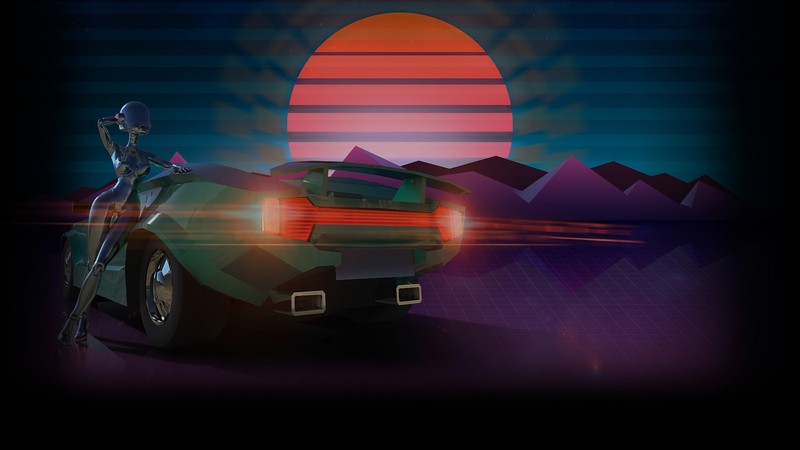 vaporwave, car, mountains, sunset