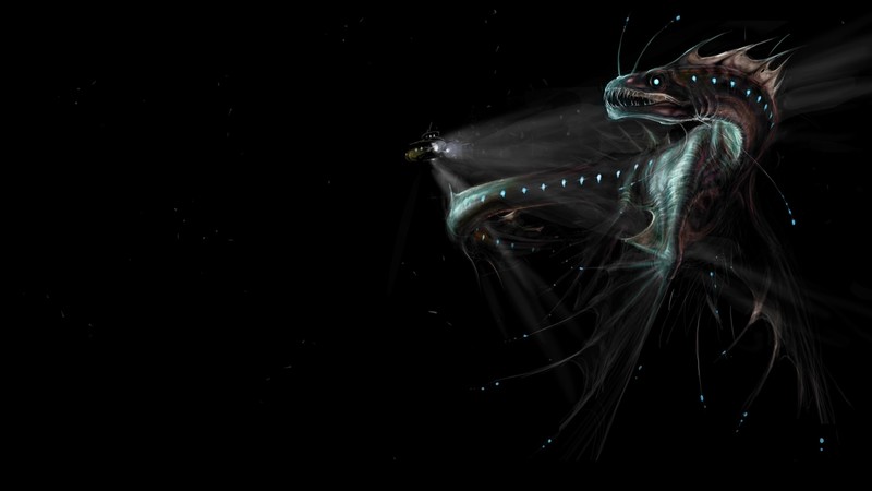 black background, abstract, digital art, underwater, submarine, sea monsters, fish, fantasy art