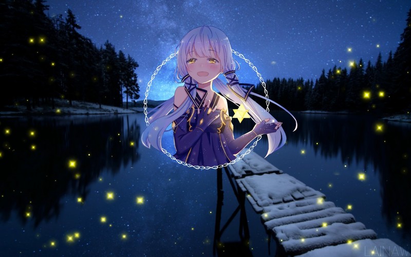 anime girls, anime, picture-in-picture, stars, neon