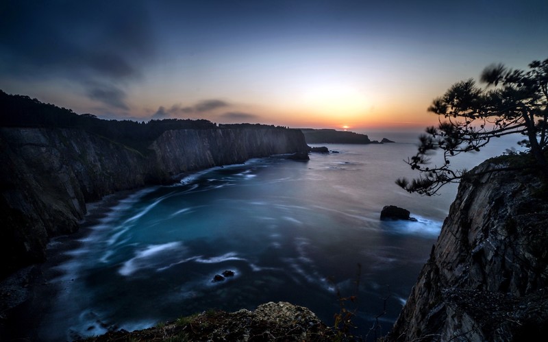 dark, coast, cliff, sea, nature, bay, landscape, sunset, long exposure