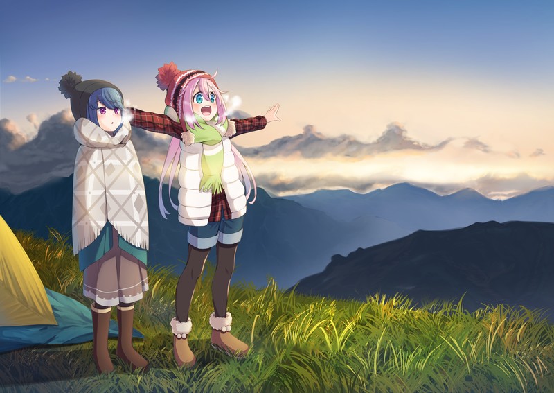 Yuru Camp, anime girls, Nadeshiko Kagamihara, Rin Shima, 2D, thighs, brown boots, scarf, long hair, pink hair, blue hair, open mouth, blushing, mountains, clear sky, fan art