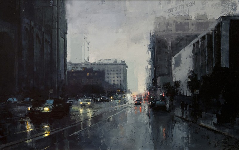 rain, road, car, city, artwork, modern impressionism, painting, dark, cityscape, urban, traffic, gray