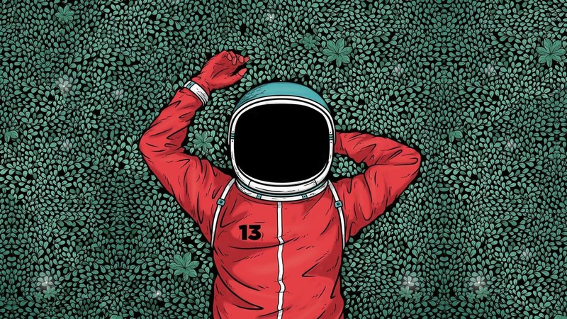 artwork, astronaut, grass, red