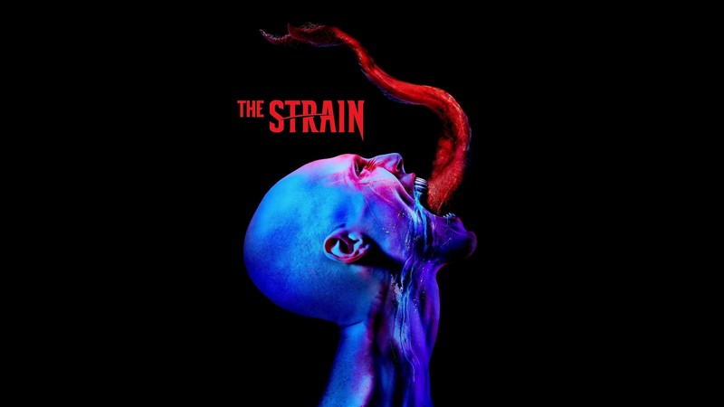 tv series, The Strain, simple background, black background, tongue out, blue, black