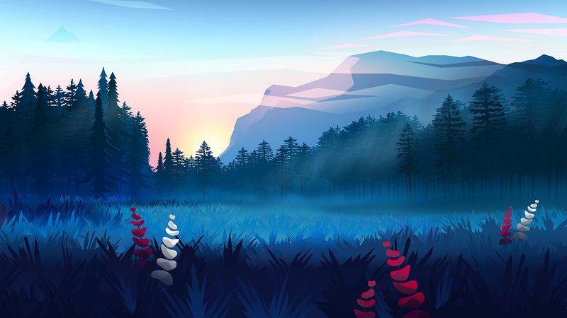 lawn, forest, mountains, fog, landscape, art, 4k