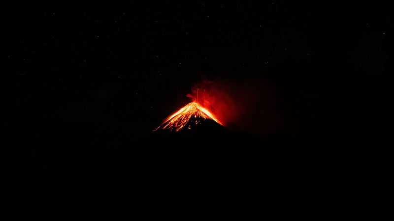 volcano, crater, eruption, night, dark, 4k