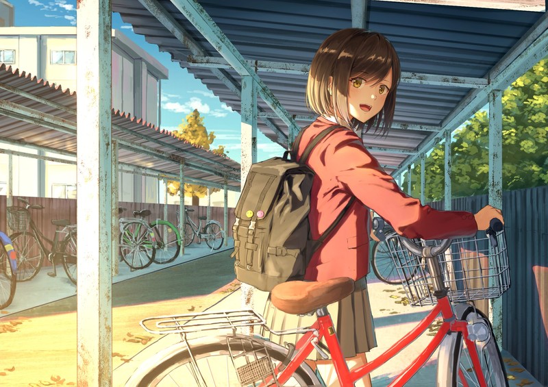 Girls Avenue, anime girls, anime, brunette, backpacks, bicycle, vehicle
