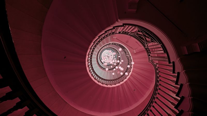 staircase, spiral, chandelier, construction, architecture, 4k